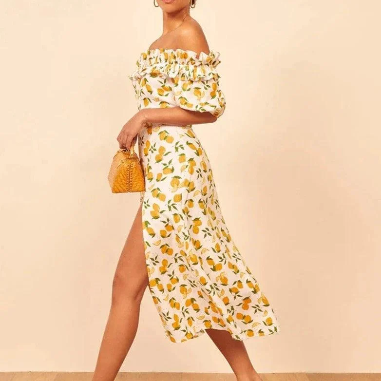 Tiffany Lemon Prints Off the Shoulder Dress - Glova