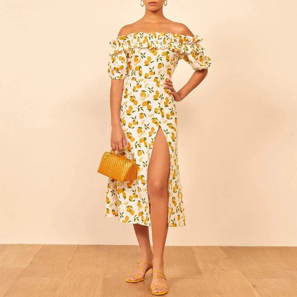 Tiffany Lemon Prints Off the Shoulder Dress - Glova