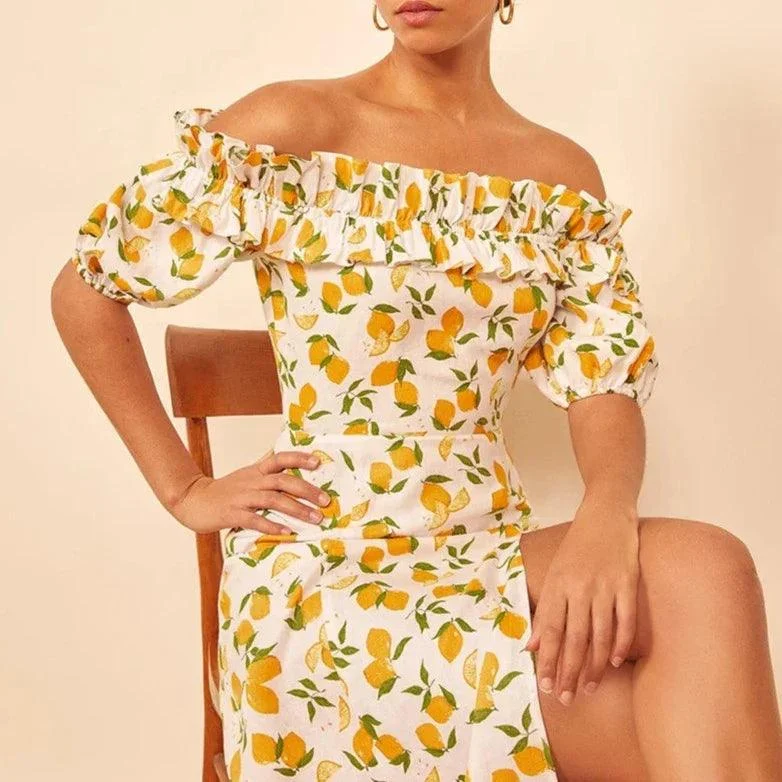 Tiffany Lemon Prints Off the Shoulder Dress - Glova